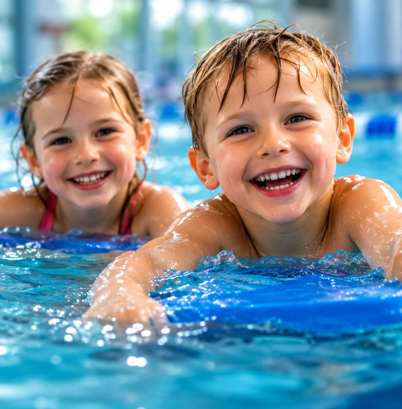 Zwei lachende Kinder mit Schwimmbrett im Wasser eines Hallenbads